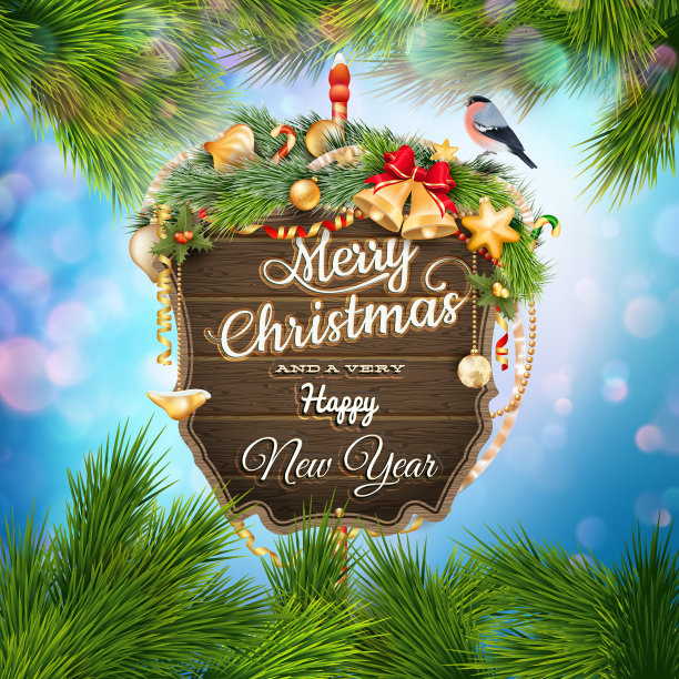 木制横幅与圣诞冷杉树枝。图片下载