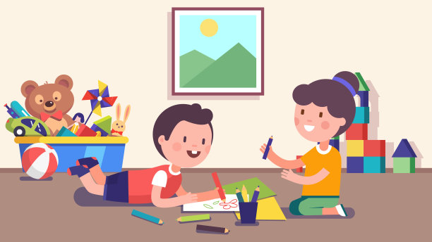 微笑的幼儿园女孩和男孩们躺在地板上和坐在一起涂鸦休闲。儿童日托卡通人物用彩色铅笔画图画。平面向量插图图片下载