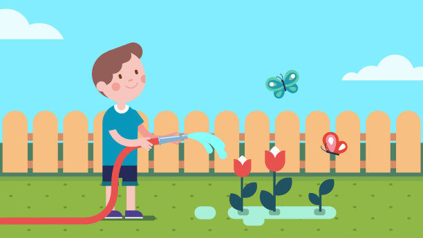 园丁男孩用花园软管浇植物在夏天的草坪上有蝴蝶和篱笆。孩子喜欢园艺和种花。微笑的小孩卡通人物。平面向量插图图片下载