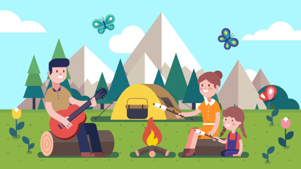 父亲弹吉他，母亲和女儿坐在篝火旁烤棉花糖。风景有山，树和帐篷。微笑的家庭卡通人物露营。平面向量插图图片下载