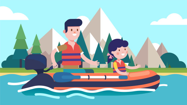 父亲和女儿孩子坐在和驾驶充气摩托艇在夏天的河里。乘摩托艇享受大自然的幸福家庭。儿童和成人卡通人物。平面向量插图图片下载