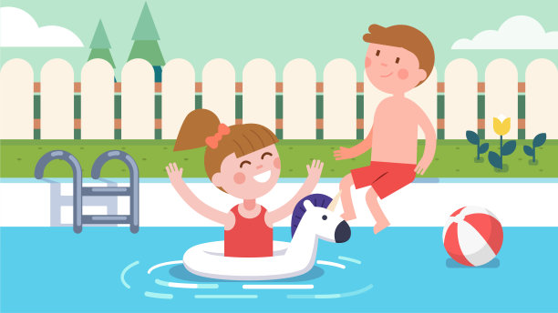 快乐的小女孩喜欢在室外游泳池里玩环游泳。一个男孩坐在后院的泳池边。儿童游泳卡通人物。夏季休闲和童年。平面向量插图图片下载
