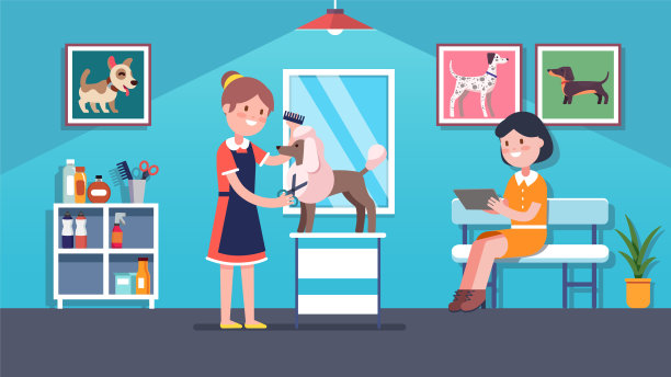 美容师做狮子狗理发在狗美容沙龙。主人端等待。微笑犬理发师剪头发。室内设计与狗狗图片。平面向量插图图片下载