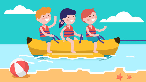 快乐的女孩和男孩孩子们享受水香蕉船在海上或海岸的吸引力。兴奋的孩子们玩得很开心。儿童卡通人物。暑假娱乐。平面向量插图图片下载