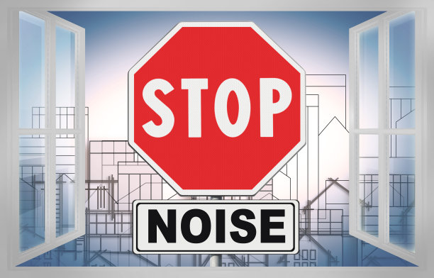 在道路标志上写“停止噪音”的概念，以一扇开着的窗户面对城市景观图片下载