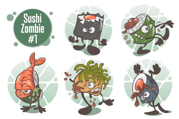 寿司僵尸。一组有趣的卡通人物。矢量插图孤立在白色背景图片下载