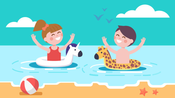 快乐的女孩，快乐的男孩，尽情的玩耍，在海水里带着环玩具游泳。兴奋的孩子们一起在夏季海滩度假的乐趣。儿童卡通人物。平面向量插图图片下载