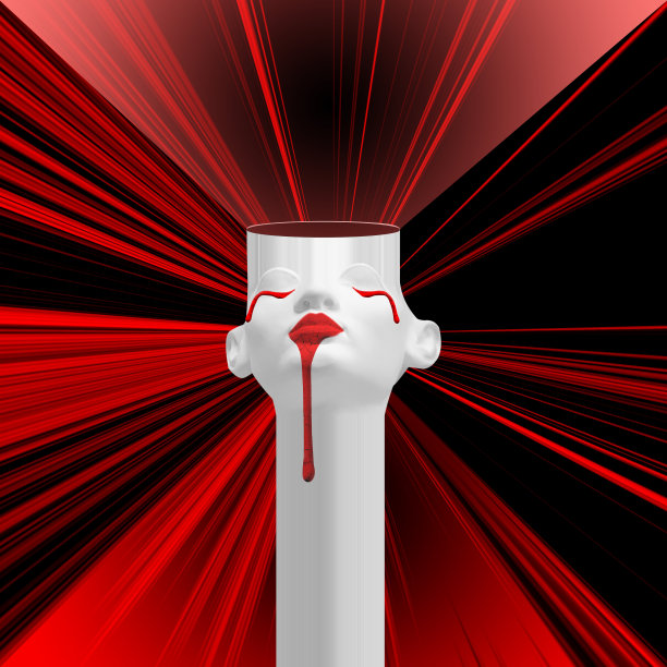 当代拼贴。一个女人的雕塑，从眼睛和嘴巴流出的血在红色的背景上被裁剪的头。概念抽象，艺术，人。图片下载