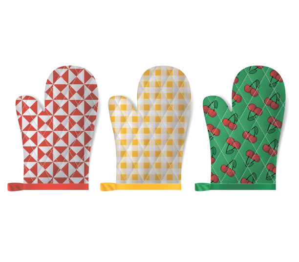 逼真详细的3d纺织烹饪手套集。向量图片下载