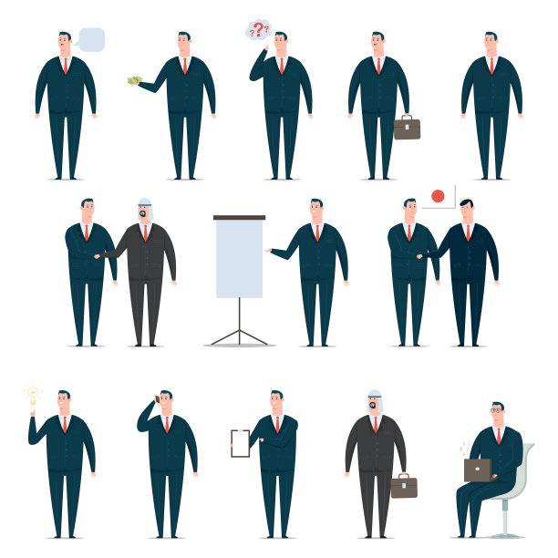 商人卡通人物集。穿西装的办公室职员。平面人的矢量设计在演示中是孤立在白色背景上的。图片下载