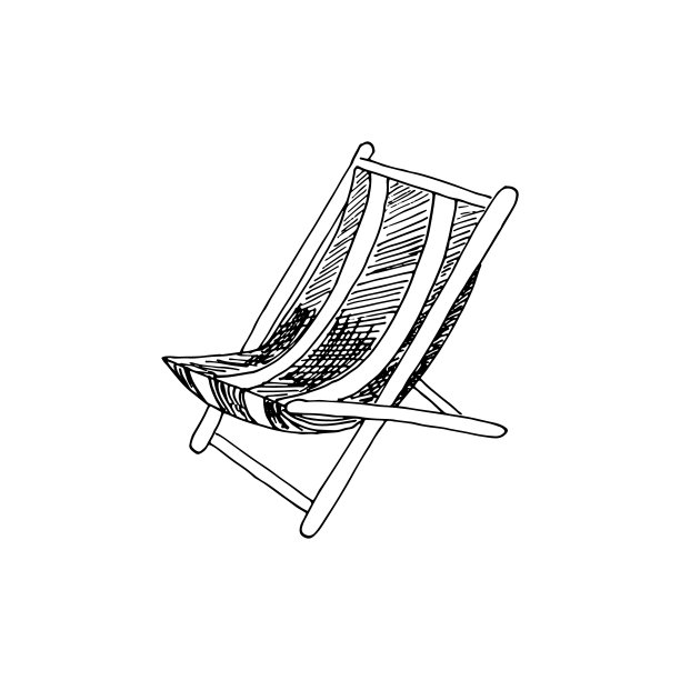 折叠甲板躺椅夏季休息，乡村别墅，花园坐和日光浴。矢量手绘插图在素描涂鸦风格。舒适的概念，方便的休息，家具图片下载