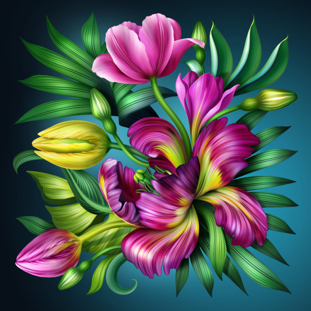 数码插画，植物背景，粉红色和黄色的郁金香，野生热带花卉和绿叶，五颜六色的花束，花卉设计图片下载