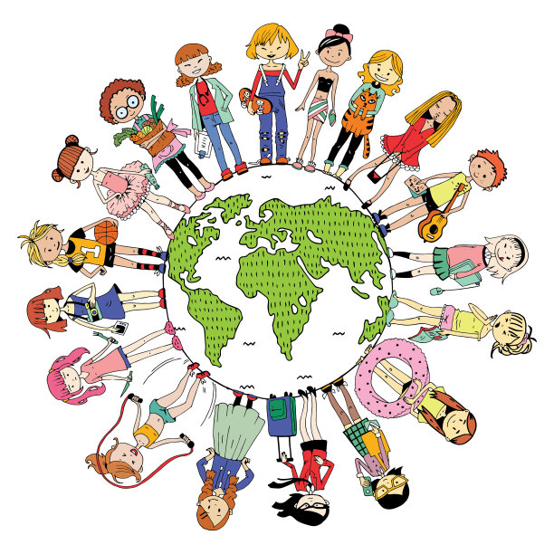 世界各地的卡通女孩。人类不同类型的性格。手绘矢量插图。图片下载