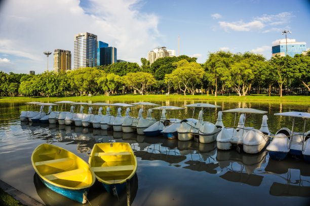 城市公园湖上的鸭人汽艇图片下载