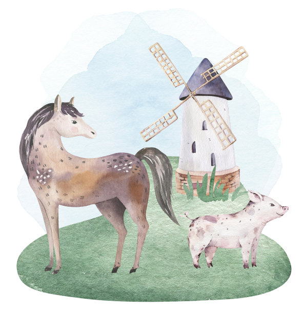 农场动物隔离集。可爱的家庭农场宠物水彩画插图。马和猪的卡通画。图片下载