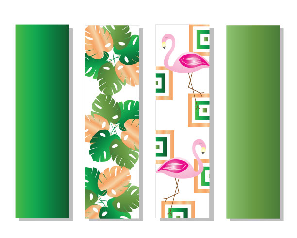 四个书签向量集与火烈鸟和树叶图片下载