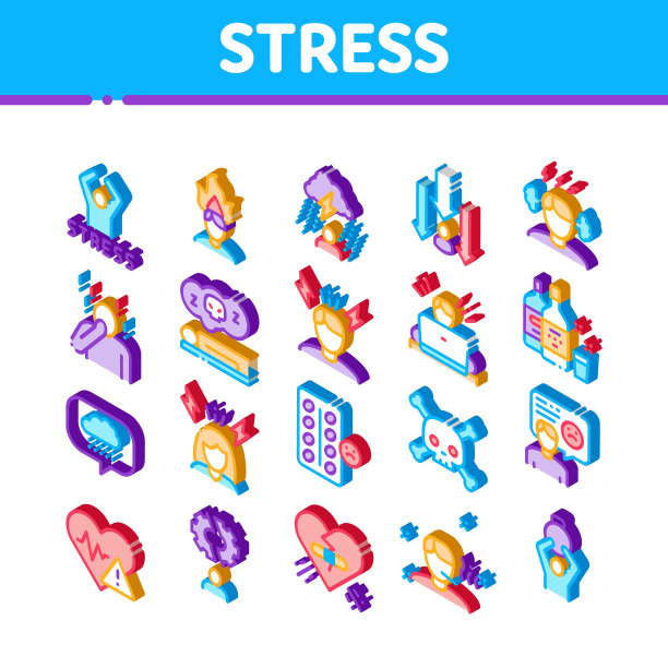压力和抑郁等距图标设置矢量图片下载