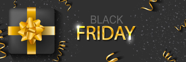 水平黑色星期五横幅与金色的文字和元素在黑色的背景。矢量插图。图片下载