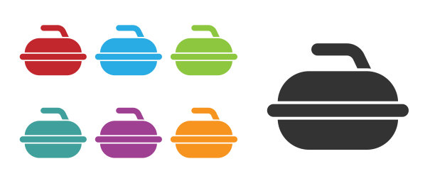 黑色的石头为冰壶运动游戏图标孤立的白色背景。运动设备。设置图标丰富多彩。矢量图图片下载