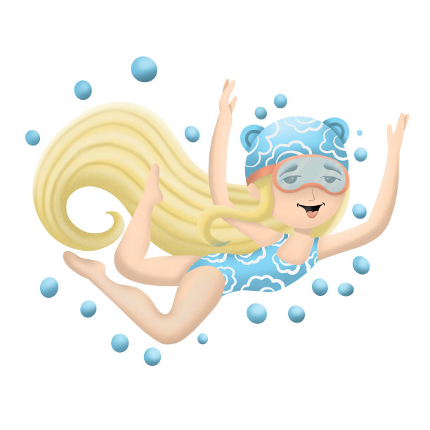 可爱的女孩在一个蓝色的泳衣帽子和面具在一个白色的背景，潜水，人物设计，插图。图片下载