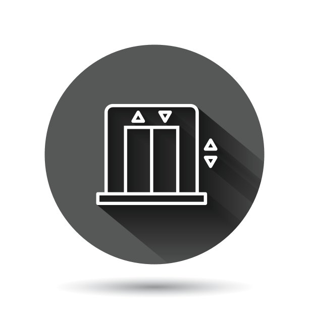 电梯图标在平面风格。提升向量插图在黑色的圆形背景和长阴影效果。客运圈钮扣经营理念。图片下载