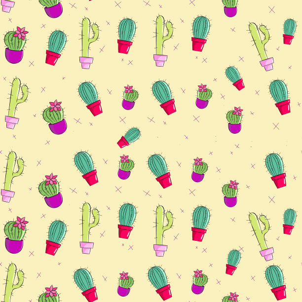 无缝模式与一套仙人掌的黄色背景。墙纸和织物设计。适合印刷。F图片下载