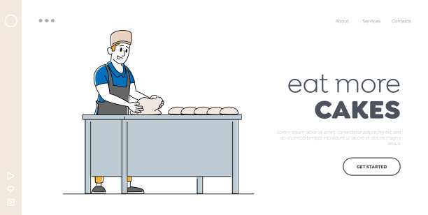 面包店工厂和食品生产登陆页面模板。面包师在烤面包的桌上揉面。现代糖果或烘焙制造工人。线性向量插图图片下载