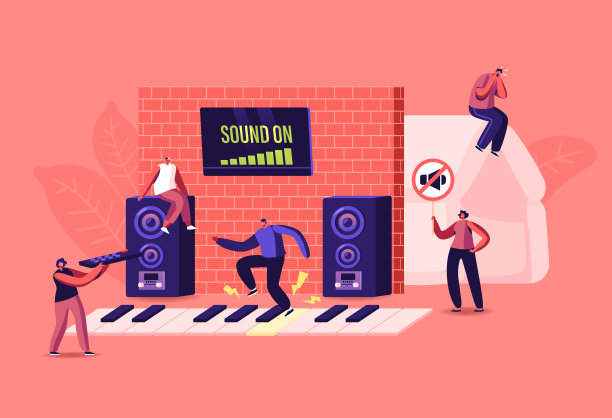 噪音污染的概念。小男性和女性角色捂住耳朵，以避免邻居播放音乐和电视时发出的恼人声音。人们饱受噪音耳鸣之苦。卡通矢量图图片下载