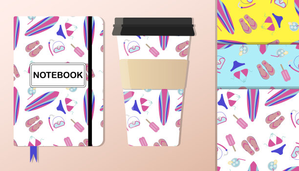 这种款式搭配了泳衣、冲浪板、人字拖、一套浮潜冰淇淋和冷饮等夏季配饰。背景描绘在一个笔记本和咖啡杯上。背景平面插图的夏天，海滩主题，水肺潜水，图片下载