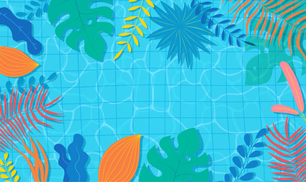 夏季游泳池与热带奇异植物。抽象季节性背景设计用于广告销售、夏日派对、促销内容。图片下载