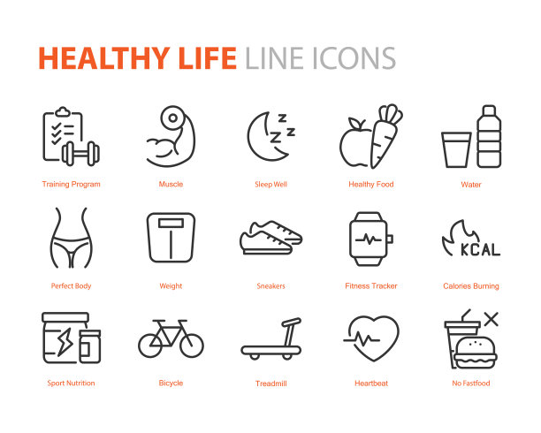 一套健康生活图标，锻炼，睡眠，饮食图片下载