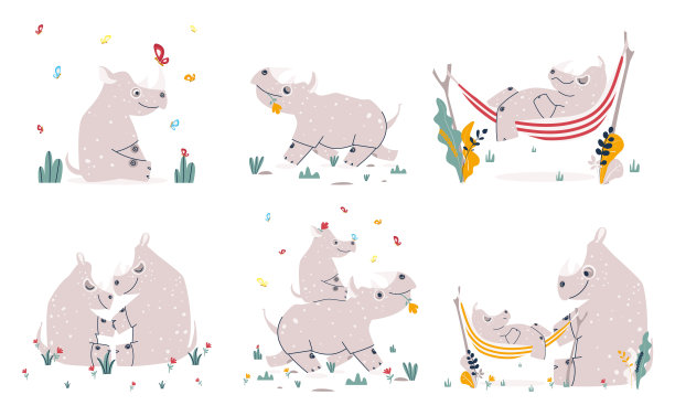 这是一组犀牛家庭生活的场景。可爱的卡通人物矢量插图。图片下载