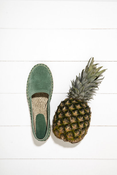 白木背景上分离的菠萝帆布鞋图片下载