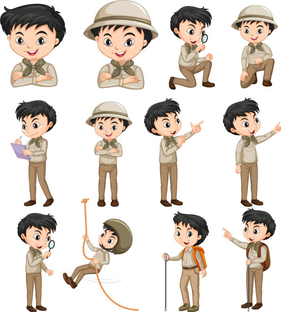 男孩穿着狩猎服做着不同的活动图片下载