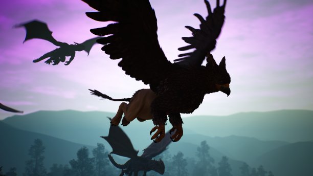 令人惊奇的神奇的不寻常的生物在闪电的背景下飞过神秘的夜森林。幻想、小说或神话背景的插图。3 d渲染。图片下载