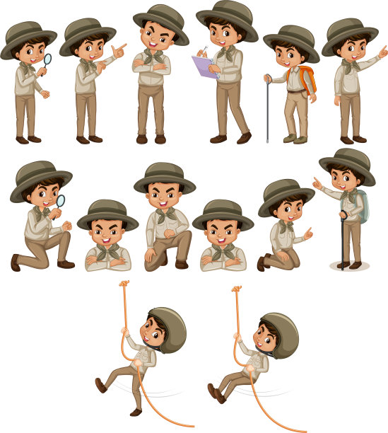 穿着狩猎服的男孩做着不同的事情图片下载