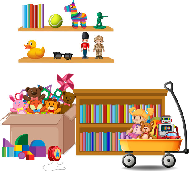 书架上满书和玩具的白色背景图片下载