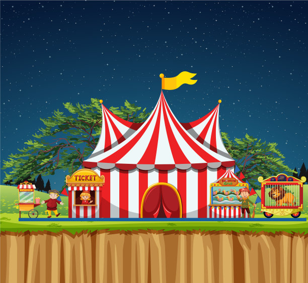 马戏团场景有帐篷和笼子里的狮子图片下载