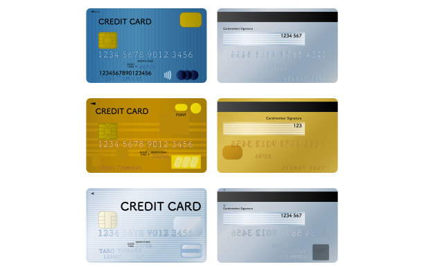 三种信用卡(蓝色、金色、铂金)正反面插图一套图片下载