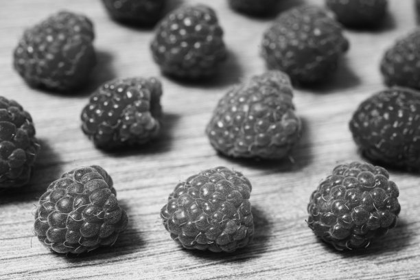 黑白艺术摄影单色，成熟的覆盆子躺在木制的背景上。拷贝空间，平躺，俯视图。宏图片下载