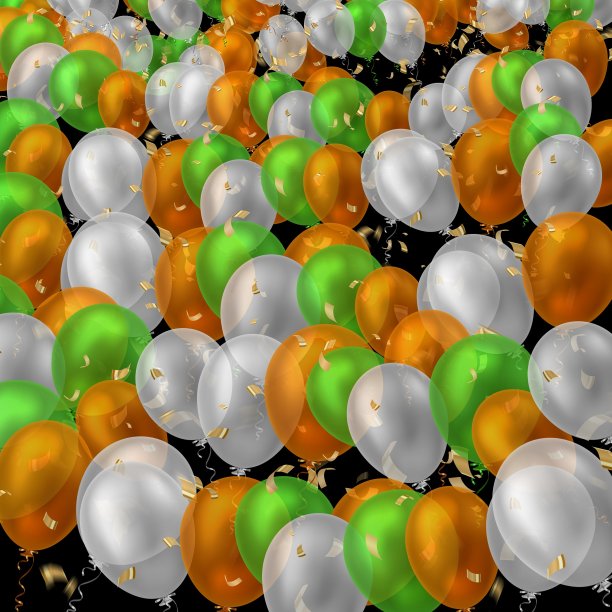 抽象的彩色气球图案孤立在黑色的背景上。橙色、绿色、白色气球无缝图案，庆典或派对背景。图片下载