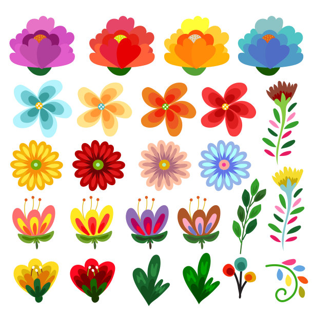 混合可爱的花朵绽放平底风格集合图片下载