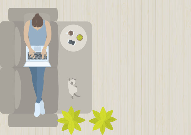 从俯视图看，女人在沙发上工作图片下载