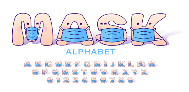 可爱的卡通字母在蓝色医疗面具的孩子。儿童医用口罩中的一组字母和数字。矢量图图片下载