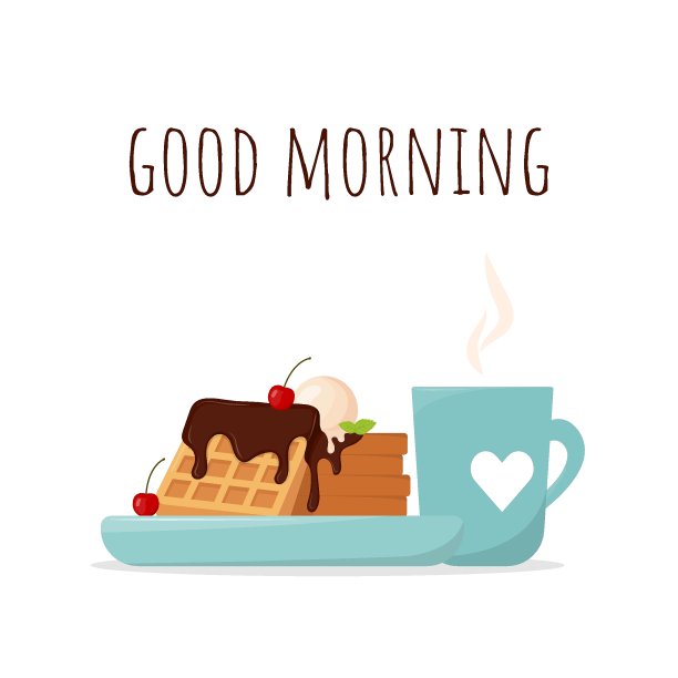 早餐明信片，比利时华夫饼和一杯咖啡。巧克力樱桃华夫饼图片下载