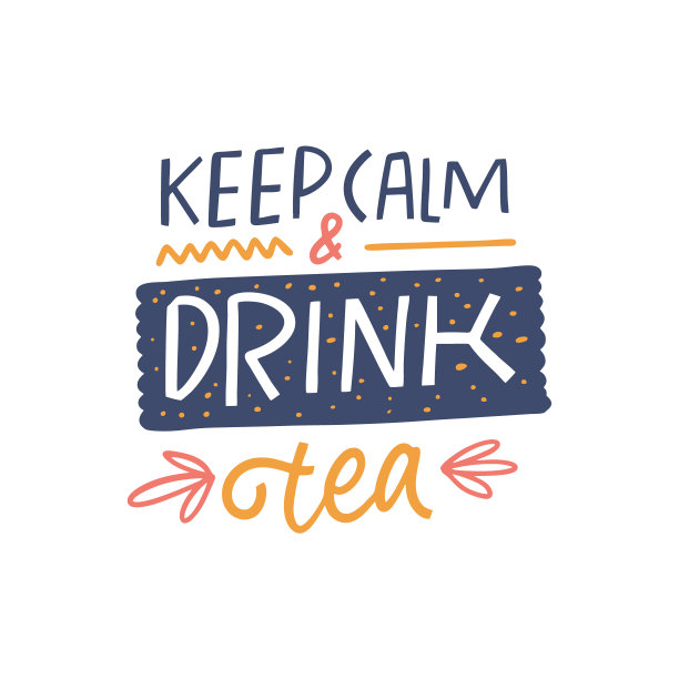 保持冷静，喝茶字短语。手写书法。五彩缤纷的矢量插图。孤立在白色背景上。图片下载
