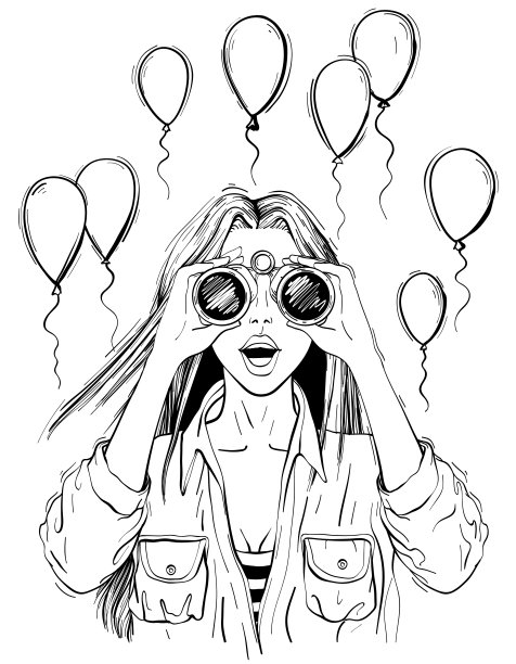 惊讶的女人用双筒望远镜张着嘴，惊讶的表情。黑色和白色图片下载