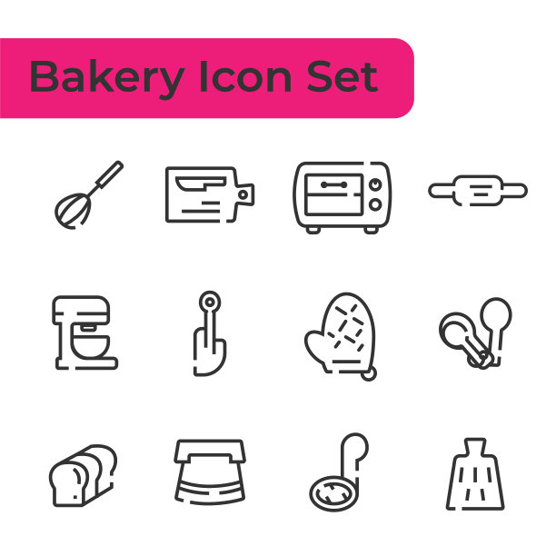 线条图标面包房工具集，装置使甜点孤立在白色背景上图片下载