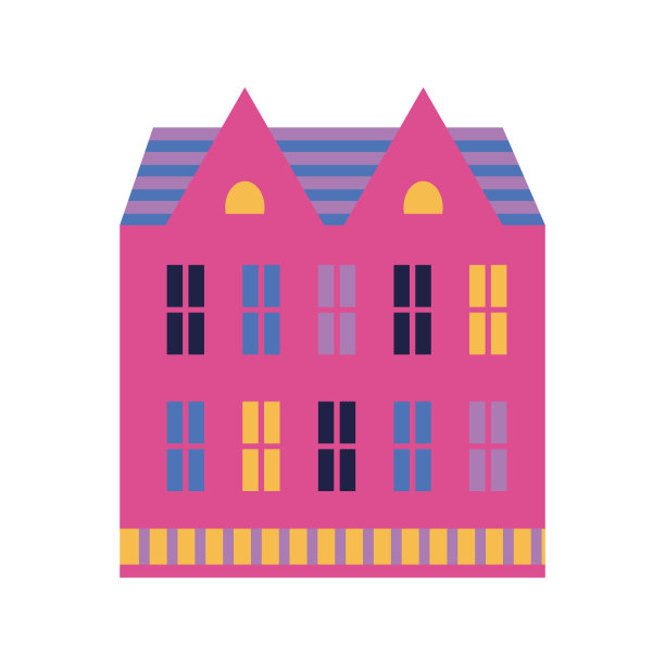 粉红色的房子在两层楼和紫色的屋顶在白色的背景。矢量插图。白色背景。城市景观。向量的插图。图片下载