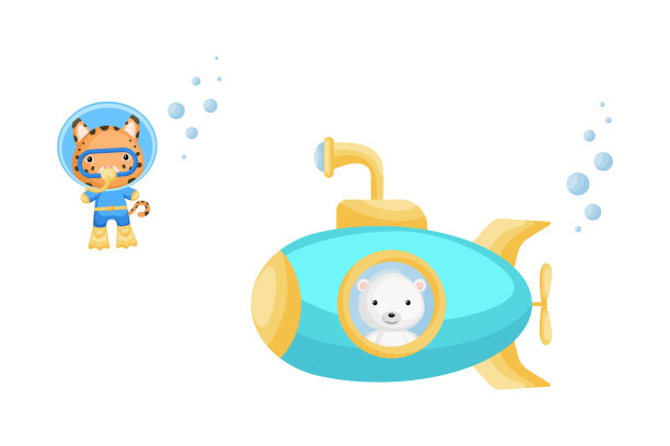 可爱的卡通极地看着窗外的潜艇和可爱的猞猁在潜水服游泳水下。t恤、相册、名片、请帖设计。图片下载